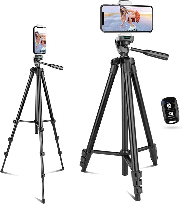 Photo 1 of  55” Phone Tripod, Portable Tripod for iPhone with Phone Holder & Wireless Remote for Recording, Lightweight Cell Phone Tripod with Carry Bag
FACTORY SEALED BOX