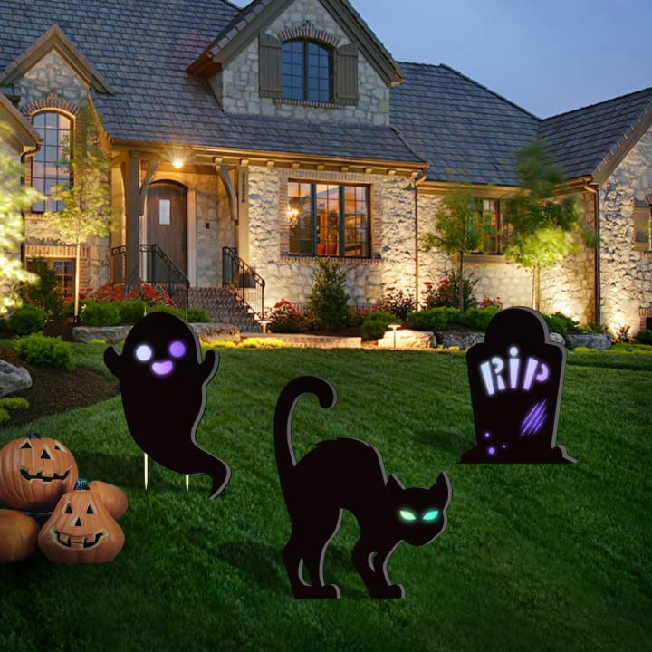 Photo 1 of CCINEE 3Pcs Halloween Black Yard Signs, Glow in Dark Prelit Scary Cat Ghost Tombstone Lawn Patio Signs with LED Lights Battery Operated Lighted Yard Decor for Halloween Outdoor Decoration Party Favors Supply
