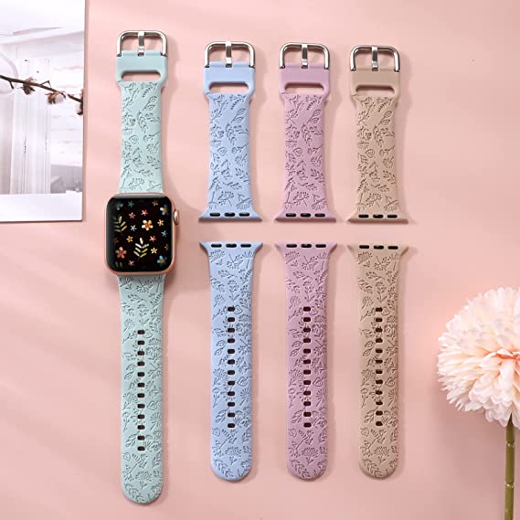 Photo 1 of ?4Pack?REALSIGN Spring Floral Engraved Silicone Band Compatible With Apple Watch 38mm 40mm 41mm 42mm 44mm 45mm for Women Men,Wildflowers Laser Printed Soft Silicone Sport Wristbands Replacement Strap with Classic Clasp for iWatch Series SE 7 6 5 4 3 2 1
