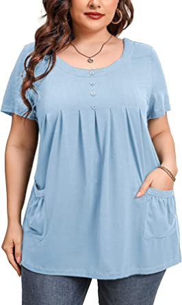 Photo 1 of AusLook Plus Size Women Top Short Sleeve Button Clothes Crewneck Summer Tunic Maternity Shirts with Pockets M