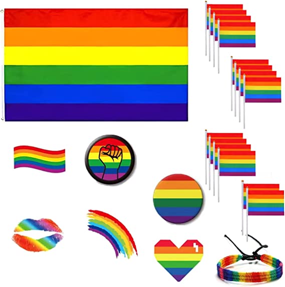 Photo 1 of 30 Pack LGBT Rainbow Gay Pride Set, 1 Large 3x5 Feet Flag ,14 Handheld Stick Flags,12 Tattos, 1 Bracelet,2 Brooch Pins for LGBTQ Gay Pride Parade Carnival Party Decorations
