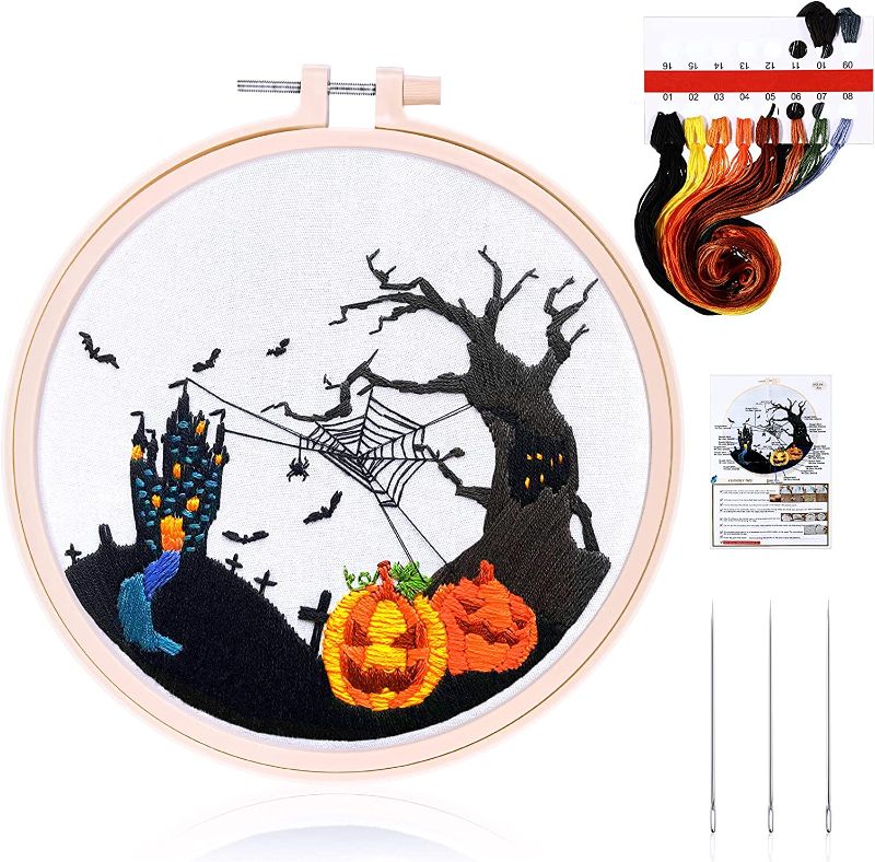 Photo 1 of Halloween Embroidery Kits, DIY Halloween Wreath Crafts Embroidery Kit, Beginner Embroidery Kit for Beginners Adults (Pumpkin and Spider)
