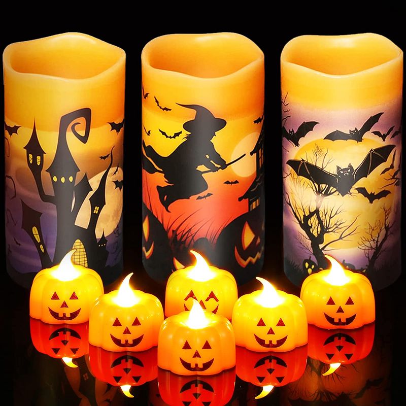 Photo 1 of 3 Pieces Halloween Flameless LED Candles Battery Operated Wax Candles Assorted Decals Flameless Candles with 6 Pieces Pumpkin Lamps Set for Halloween Decoration (Witch Candles)
