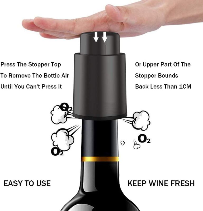 Photo 4 of BeRicham Vacuum Wine Stoppers with Time Scale Record, Leakproof Wine Corks/Wine Preserver/Wine Sealer to Keep Wine Fresh, Gifts for Wine Lovers, Fits Any Bottle (2 Pack - Stainless Steel & ABS/Black)
