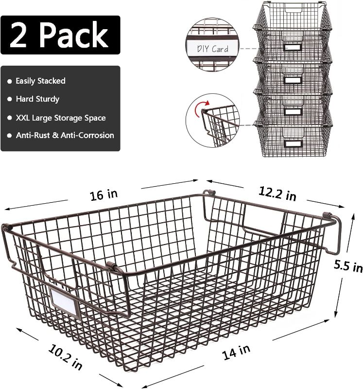 Photo 2 of 2 Pack Stackable Wire Storage Baskets With Handles, For Kitchen, Bathroom, Cabinets, Cupboards, Counter Top - Freezer & Pantry Organizer Bins, For Snacks, Drinks, Potatoes, Onions, Meat(Brown-XXL) Brown-large-2