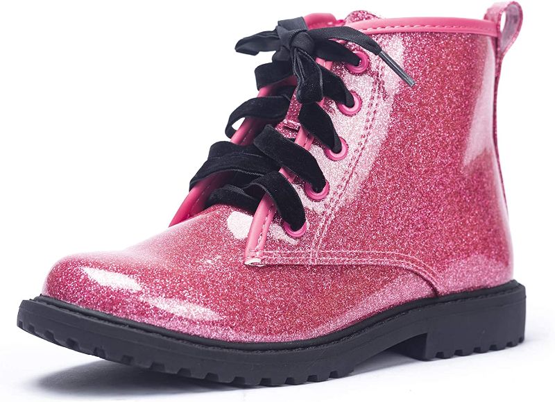 Photo 1 of Girls Glitter Ankle Boots, Lace Up Waterproof Combat Shoes With Side Zipper  Big Kid size  3