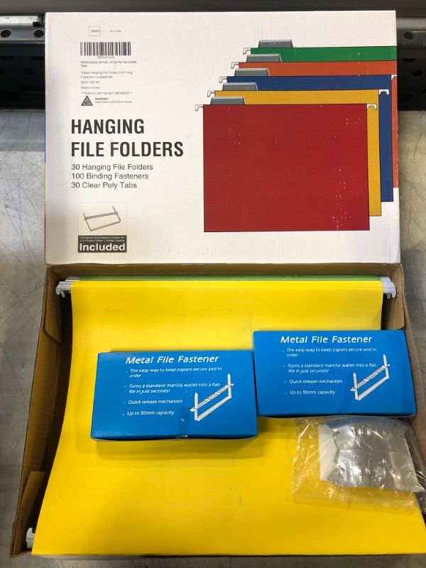 Photo 2 of Binditek 30 Pcs Hanging File Folders with tabs,100 Prong Fasteners Complete Set Included, 5 Assorted Colors Hanging Folders