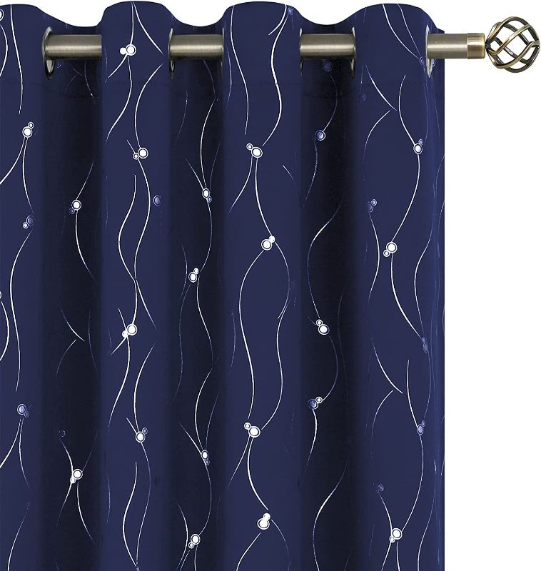 Photo 1 of BGment Navy Blackout Curtains 63 Inch Length 2 Panels Set Grommet Thermal Insulated Room Darkening Window Curtains with Wave Line and Dots Printed for Bedroom, 52 x 63 Inch, Navy Blue -*- BRAND NEW FACTORY PACKAGED 