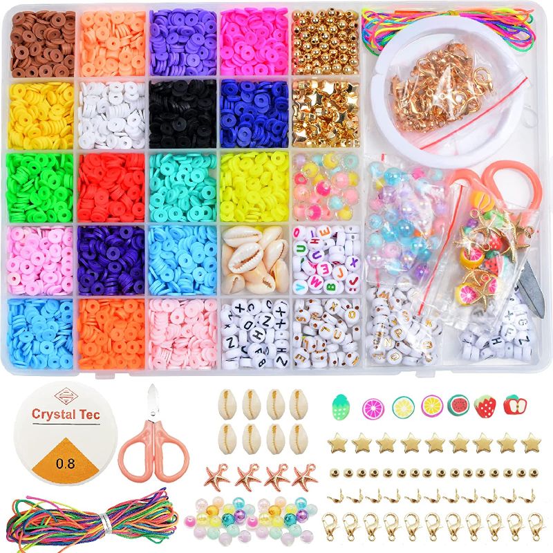 Photo 1 of 6000PCS Clay Beads Bracelet Making Kit, 24 Colors Flat Round Clay Beads for Jewelry Making with Letter Beads Pendant Charms Kit and Elastic Strings DIY Jewelry Bracelet Beads, Crafts for Girls
