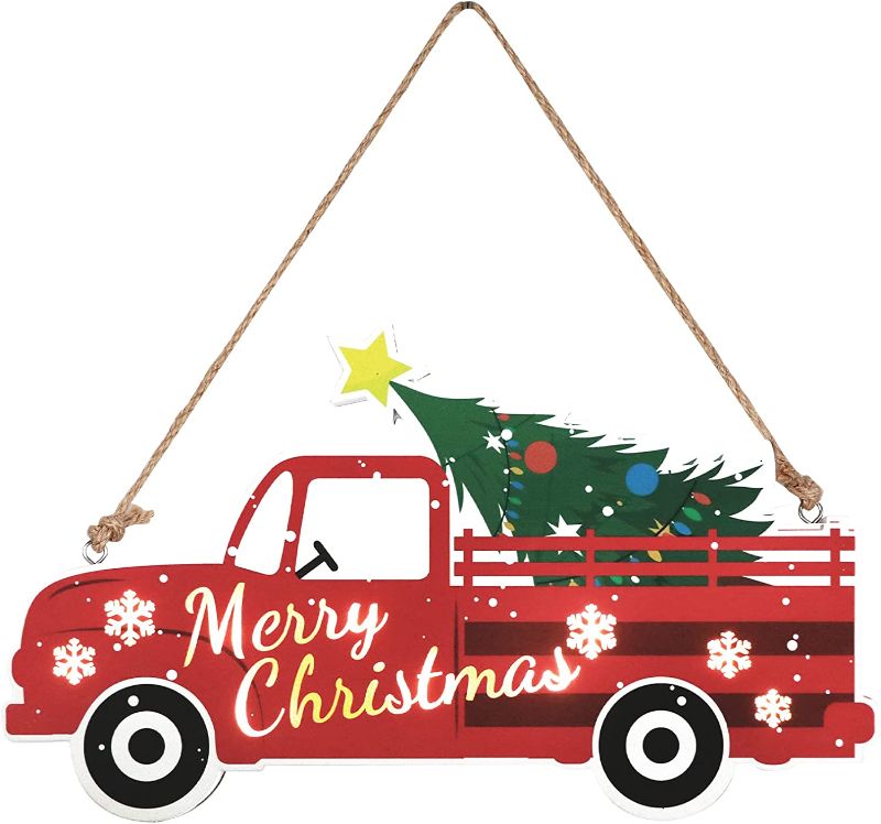 Photo 1 of Fanhostco Christmas Red Truck Wall Decor, Light Up Christmas Wooden Door Decor Truck Plaque, Farmhouse Hanging Wall Porch Decorations, Home Decor Sign for Front Door Christmas Tree Decoration
