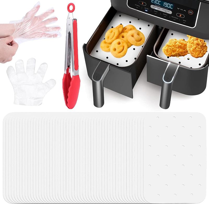 Photo 1 of 100Pcs Air Fryer Parchment Paper Disposable Air Fryer Liners Set with Food Tongs and 50pcs Disposable Gloves Non-Stick Parchment Paper Air Fryer Accessories with Holes(White)
