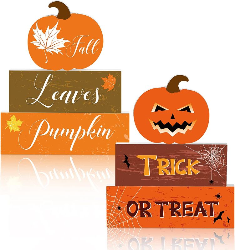 Photo 1 of 3 Pieces Halloween Fall Wooden Signs Halloween Fall Leaves Decorations Halloween Table Decorations Trick or Treat Double Sided Table Centerpiece for Home Halloween Decorations, 5.12 x 1.97 x 0.79 Inch
