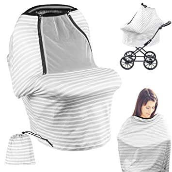 Photo 1 of Baby Car Seat Covers Mesh Zipper Peep Window Nursing Cover Breastfeeding Scarf Baby Carseat Canopy Infant Stroller Cover Baby Shower Gifts for Girls and Boys Mothers Day Gifts (Grey Stripe)
