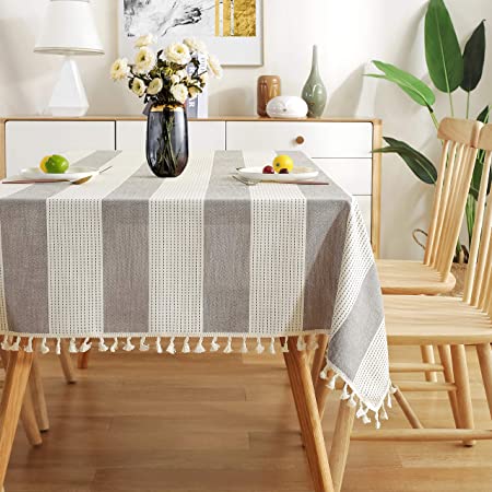 Photo 1 of AmHoo Stitching Tassel Tablecloth Striped Table Cloth Rectangle Cotton Linen Dust-Proof Table Cover for Kitchen Dinning 54 x 70 Inch Taupe
54X70