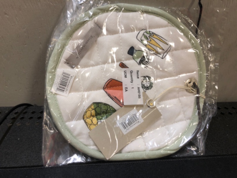 Photo 1 of Bloomingville Round Cotton Pot Holder with Barware Icons & Leather Tie, White