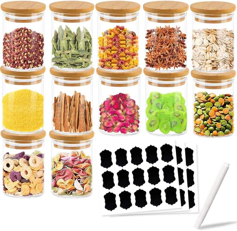 Photo 1 of 8oz Glass Jars Set of 12, YQ77 Glass Spice Jars with Bamboo Lids and Labels, Airtight Glass Food Storage Jar Canisters for Tea, Beans, Coffee, Snacks and More,200ml
