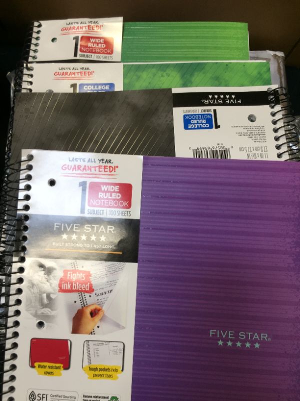 Photo 1 of 4 PACK- Five Star 1 Subject Wide Ruled Spiral Notebook
COLORS VARY!!!!!!