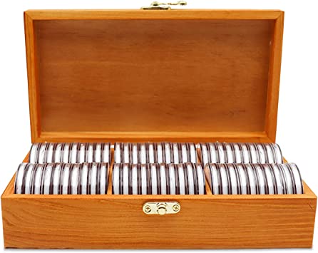 Photo 1 of 20-46 mm Wooden Coin Holder, 60 pcs Highly Transparent Coin Capsules with Foam Gasket, Coins Collector Case Holder, Professional Coin Storage Case Box for Coin Collection (Bronze)
