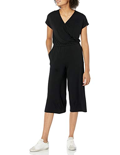 Photo 1 of Amazon Essentials Women's Short-Sleeve Surplice Cropped Wide-Leg Jumpsuit, Black, X-Large
