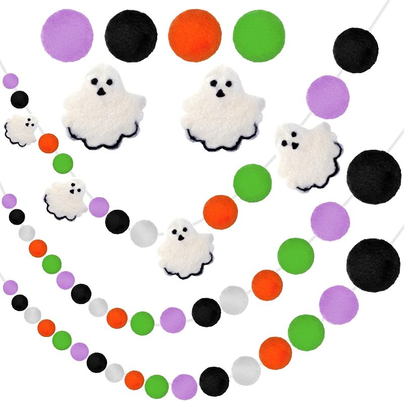 Photo 1 of 3 Pieces Halloween Ghost Felt Ball Garland Wool Felt Pom Garland Decoration Colorful Balls