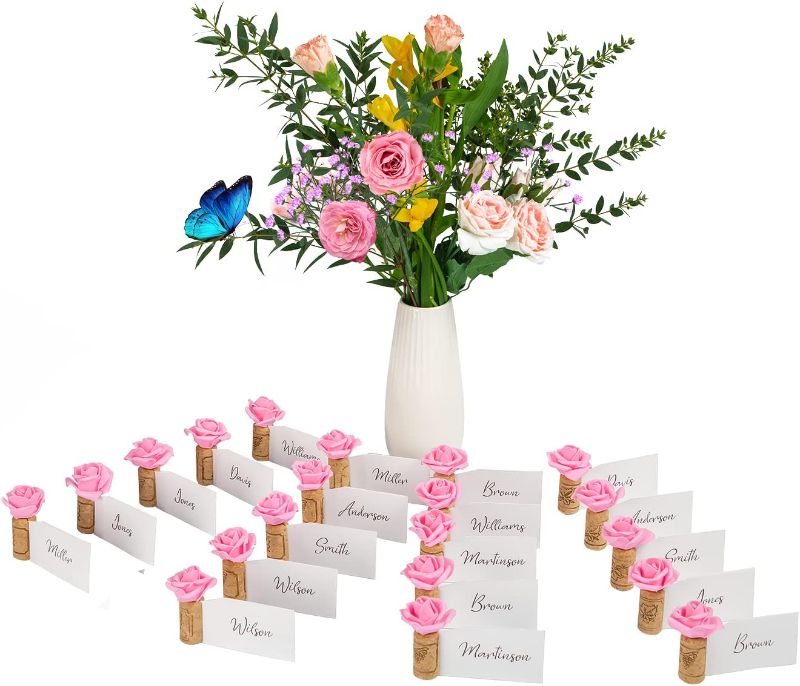 Photo 1 of 20 Pcs Wine Cork Place Card Holders,Wood Table Number Holders with White Place Card and Pink Foam Rose