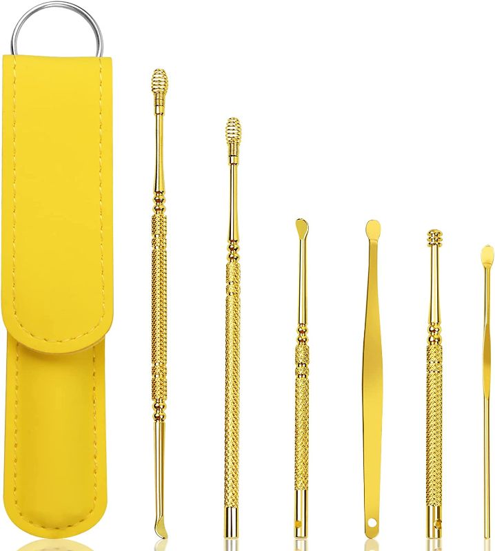 Photo 1 of 6 Pcs Ear Wax Removal Tool, Ear Wax Cleaner, Ear Cleaning Tool, Ear Curette Earwax Removal Kit with a Leather Bag (Gold)
