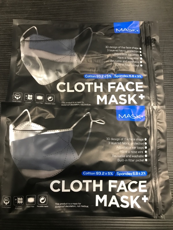 Photo 2 of [2 Pack] Face Mask Reusable, Cloth Washable Cotton Adjustable Fabric with Filter Pocket/Nose Wire 1black+1blue+1gray