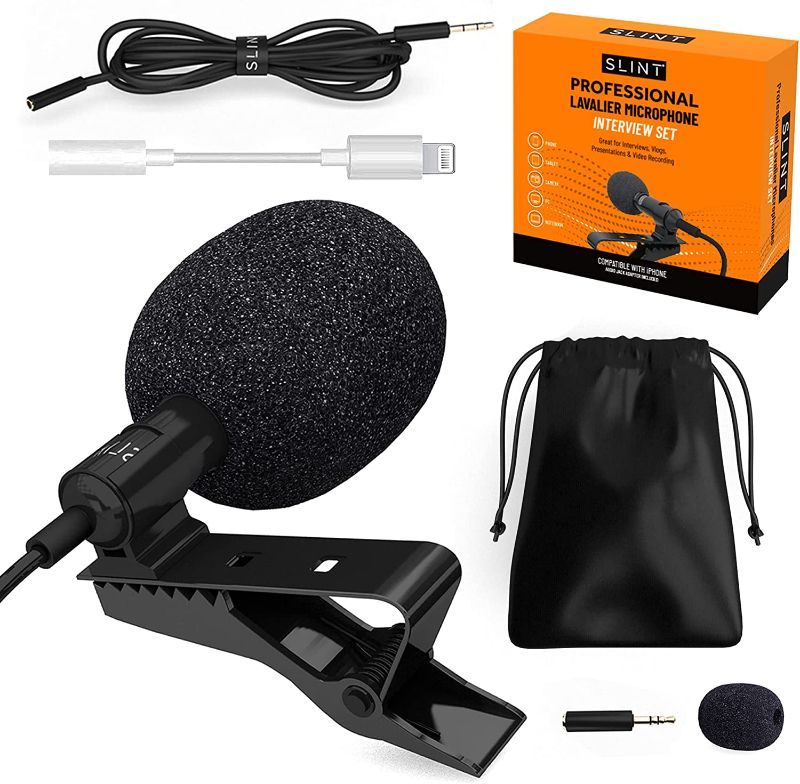 Photo 1 of slint. Lavalier Microphone with Adapter for iPhone, A Clip-on Omnidirectional Condenser Lavalier Lavalier Microphone Compatible with iPhone, Android, GoPro, DSLR - Lav Mic for YouTube Recording
