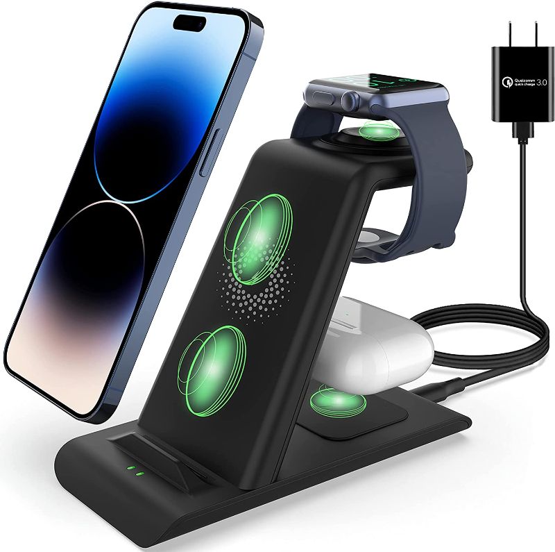 Photo 1 of HATALKIN 3 in 1 Wireless Charging Station Compatible for Apple Products Multiple Devices Apple Watch ultra 8 7 SE 6 5 4 3 AirPods Pro 2 iPhone 14 13 12 11 Pro Max/X/XS/XR/8 Fast Wireless Charger Stand
