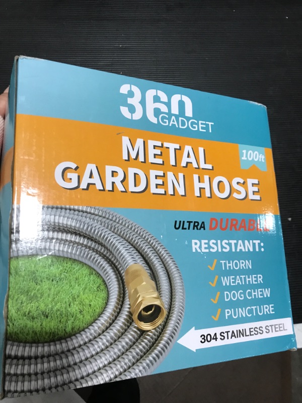 Photo 2 of 360Gadget Metal Garden Hose - 100ft Heavy Duty Stainless Steel Water Hose with 8 Function Sprayer & Metal Fittings, Flexible, Lightweight, No Kink, Puncture Proof Hose for Yard, Outdoors, Rv