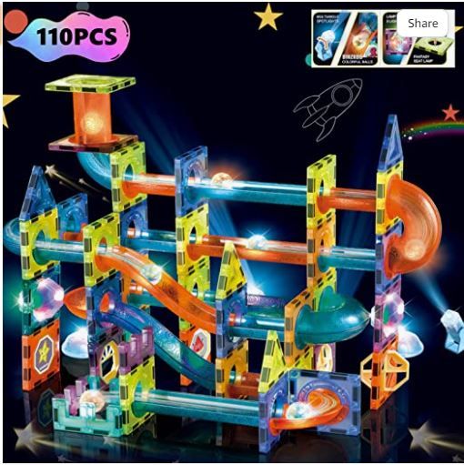 Photo 1 of BINZKBB Light Magnetic Tiles Building Blocks for Kids,3D Clear Educational STEM Building Toys,Magnetic Marble Run Blocks Toys for Kids Ages 3 4 5 6 7 8 10+Year Old Boys Girls Creative Gift(110 PCS)