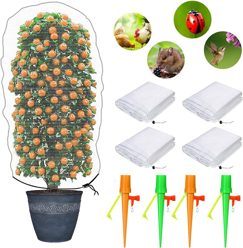 Photo 1 of 4pack Bird Protective Netting,with Drawstring and 4pcs self Watering Spikes,for Fruit Trees Plants Garden(4Pack 32.5in X40in)