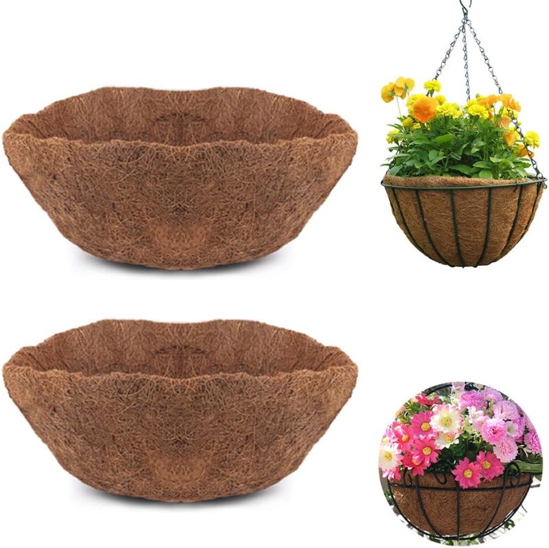 Photo 1 of 2Pcs Round Coco Coir Replacement Liner for Hanging Basket, 10/12/14/16 inch Natural Coconut Fiber Planter Liners Coco Husk for Garden Flower Vegetables Pot Balcony Window Box (14 inch)
