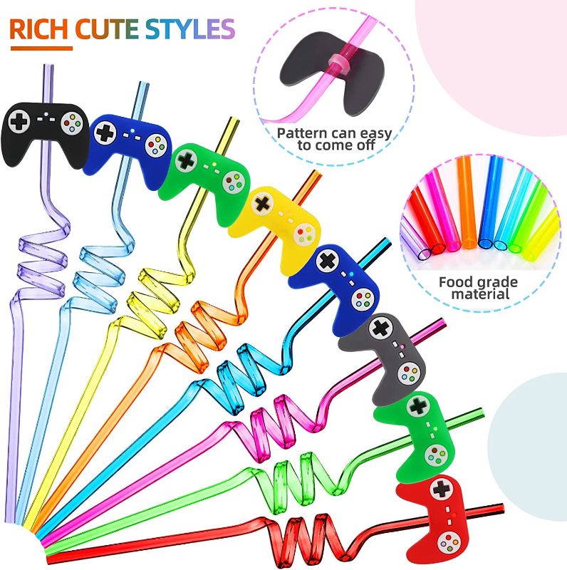 Photo 1 of 24 Pieces Video Game Party Favors Straws for Boys Kids Reusable Video Game Plastic Drinking Straws Birthday Party Supplies Decorations Goodie Gifts Present 6 Styles, 8 Colors
