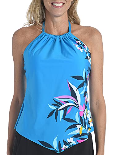 Photo 1 of 24th & Ocean Women's Standard High Neck Halter Handkerchief Tankini Swimsuit Top, Teal//Tropical Hideaway, XXL
