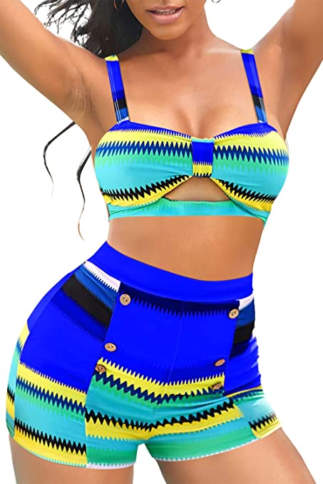 Photo 1 of B2prity High Waisted Swimsuit for Women Cute Two Piece Bathing Suit Cut Out Bikini Set Tummy Control Swimwear with Boyshorts Blue---SIZE M