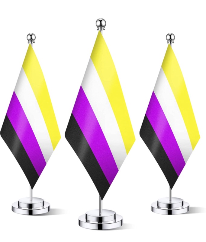 Photo 1 of 3 Pcs Non Binary Pride Flags Table LGBTQ Desk Flags with Stainless Steel Stand Base PACK OF 3