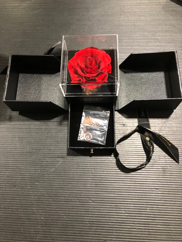 Photo 2 of Preserved Red Real Rose with Necklace, Enchanted Rose Flower Gifts for Mom Wife Girlfriend on Mothers Day Anniversary Birthday (Lucky Feather Necklace)