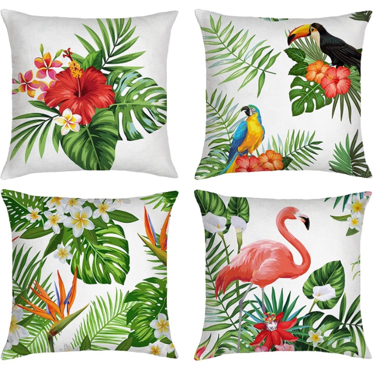 Photo 1 of Basic Model 4 Pcs Decorative Throw Pillow Covers Flamingo Tropical Leaves Pillowcases 18x18 Inch Soft Square Cotton Linen Cushion Covers for Summer Decor Sofa Bed Couch