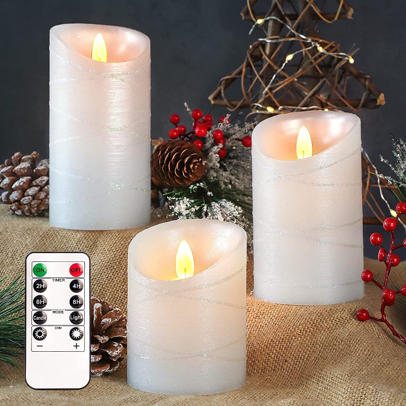 Photo 1 of FLAVCHARM Christmas LED Flameless Candles, Real Wax White LED Flickering Candles Battery Operated Remote Control, Holiday LED Pillar Decoration for Xmas, Bedroom, Wedding, Party (White) 