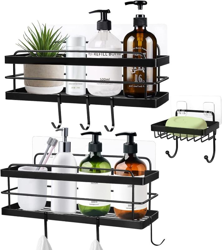 Photo 1 of 3 Pack Shower Caddy Bathroom Shelf, Adhesive Shower Caddy Basket with Soap Dish & Hooks, Rustproof 304 Stainless Steel Shower Rack Storage for Bathroom, Toilet, Kitchen - Matte Black 