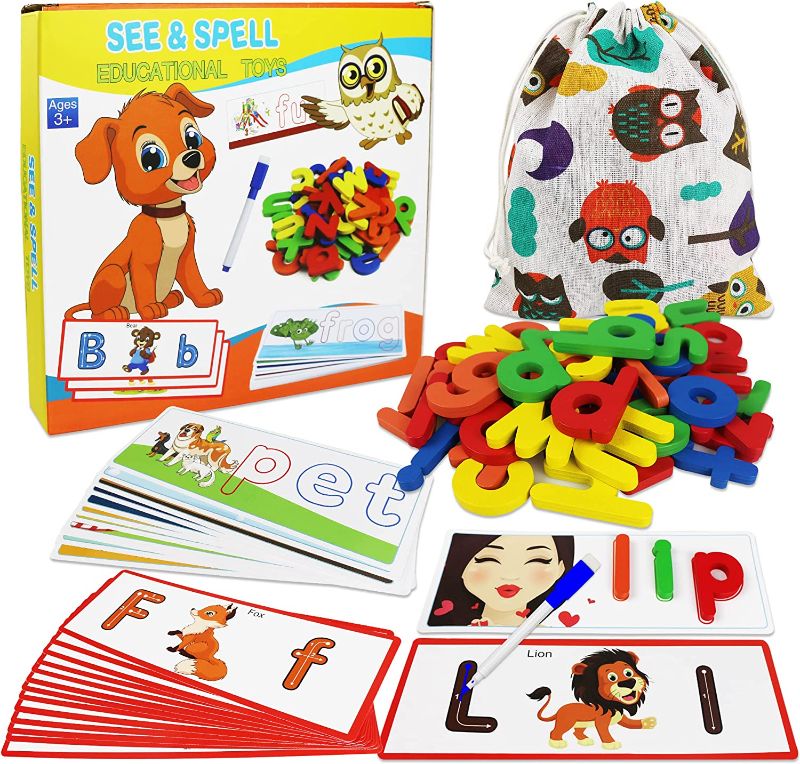 Photo 1 of Cokoka Alphabet Flashcards See & Spell Learning Toys CVC Word Builders Wooden Letters Matching Games for Kids Montessori Educational Toys for 3 4 5 Years Old Kindergarten Preschool Learning Activities 