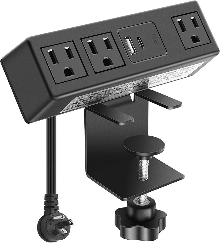 Photo 1 of CCCEI Desk Clamp Power Strip with PD 3.0 Fast Charging USB C Port, on Desktop Mount Widely Spaced Outlet 6 FT Flat Plug, Fit 1.6 inch Tabletop Edge Thick, 125V 12A 1500W (Black) 