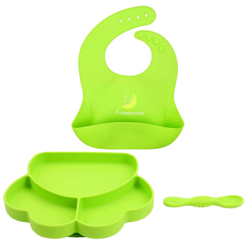 Photo 1 of 3 Pack Baby Feeding Set - Suction Plate Pocket Bibs Bendable Spoon, Best Toddler Self Feeding, 100% Safe Soft Silicone, Easy to Clean, Dishwasher and Microwave Safe, Best Gift for Infant?BPA Free? 