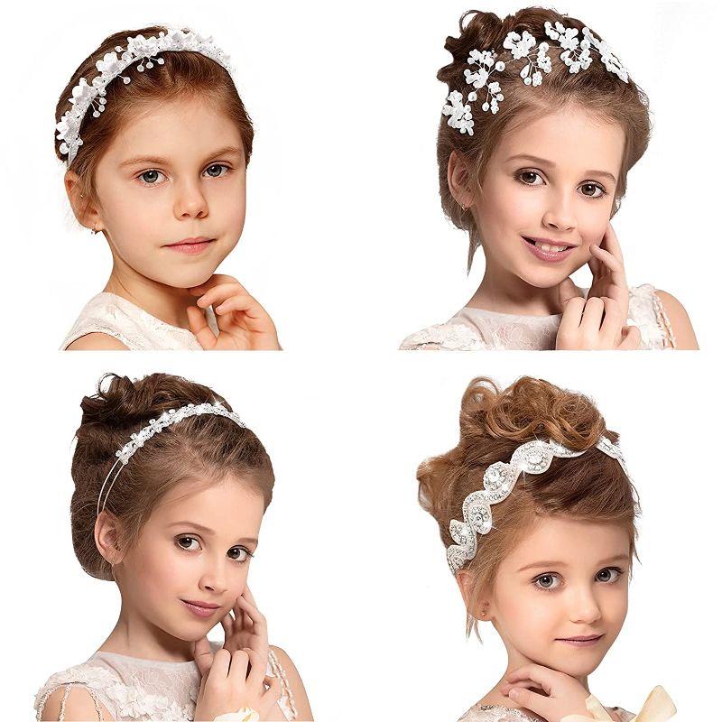 Photo 1 of 4 Pieces Flower Girl Headpiece Princess White Girl Wedding Headband Girl Bridesmaid Headpiece Bridal Bridesmaid Hairband Pearls Rhinestone Headdress for Women Girls Wedding Photography