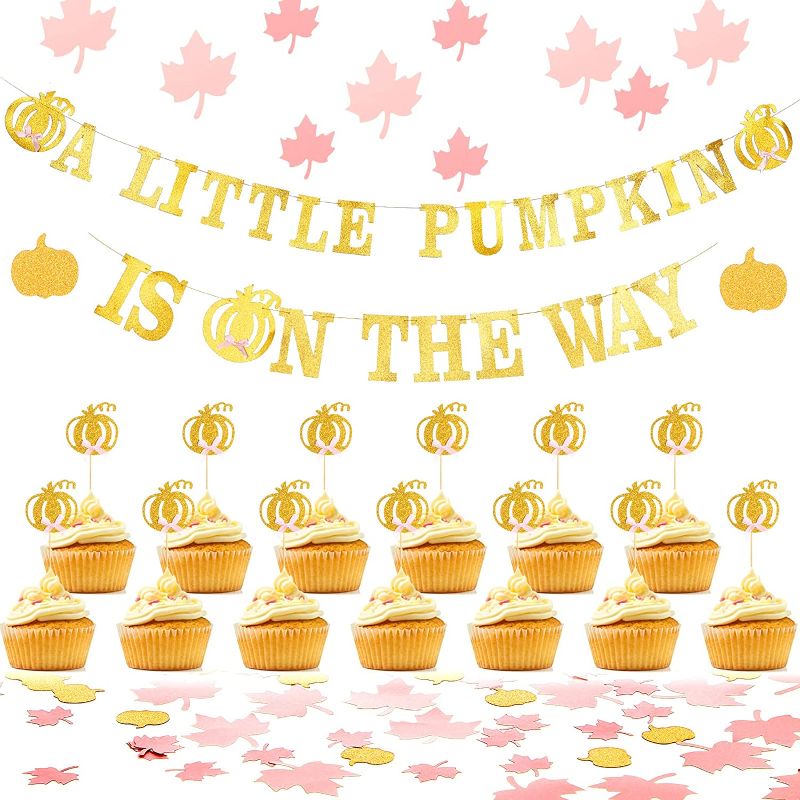 Photo 1 of 225 Pcs Fall Pumpkin Baby Shower Decorations Little Pumpkin Banner Cake Toppers Pink and Gold Pumpkin Confetti Maple Leaf a Little Pumpkin Is on The Way Baby Shower for Thanksgiving Party Supplies
