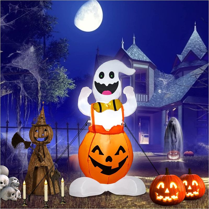 Photo 1 of 4Ft High Halloween Inflatables Pumpkin Ghost Decorations with Led Light Halloween Indoor Outdoor Garden Decoration
