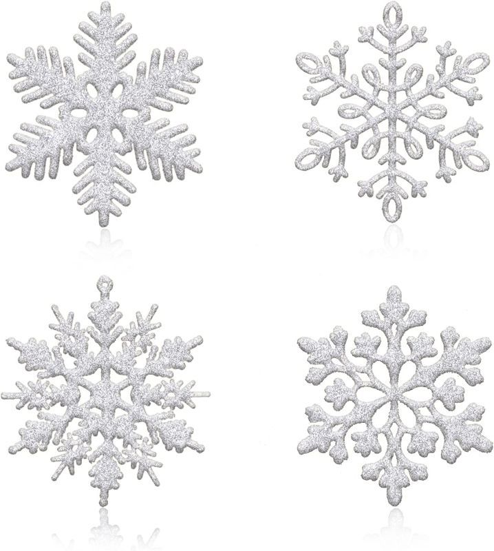 Photo 1 of 36pcs Silver Glitter Snowflake Ornaments, 4 Inch Plastic Snowflake Hanging Decorations Christmas Tree Ornaments for Winter Wonderland Holiday Party 