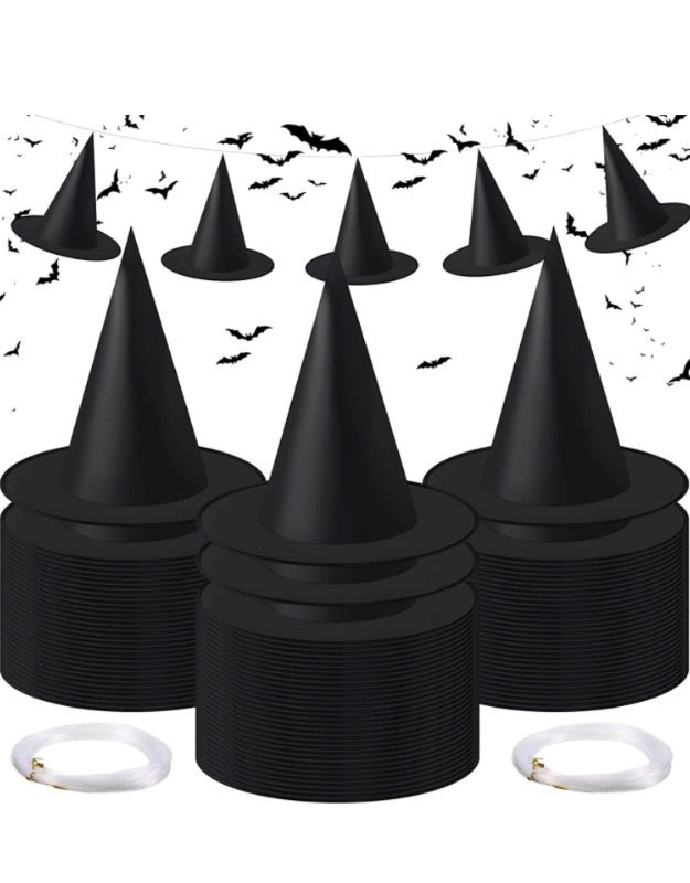 Photo 1 of 100 Pieces Halloween Witch Hat Bulk, Black Witches Hat with 218 Yards Hanging Rope for Halloween Party Masquerade Cosplay Costume Accessories Holiday Carnivals Halloween Yard Decoration
