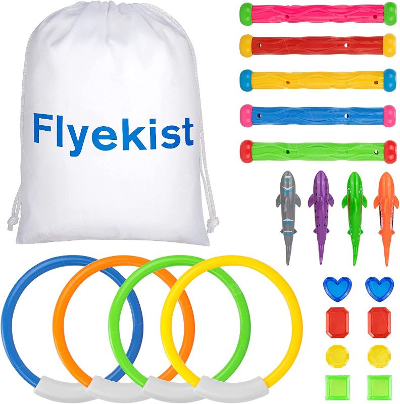 Photo 1 of Flyekist 21 Pcs Diving Pool Toys Set with Storage Bag Includes 4 Diving Rings, 5 Diving Sticks, 8 Colorful Gem and 4 Shark Toys for Ages 3 Years and Up Kids